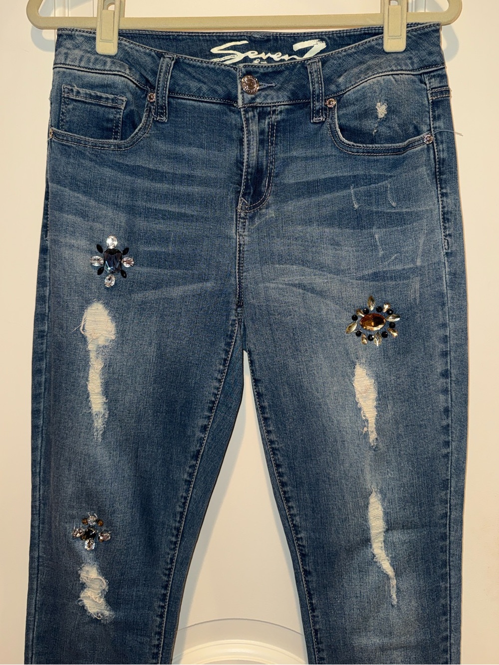 Seven7 Women's Blue Distressed Skinny Jeans with Jewel Accents